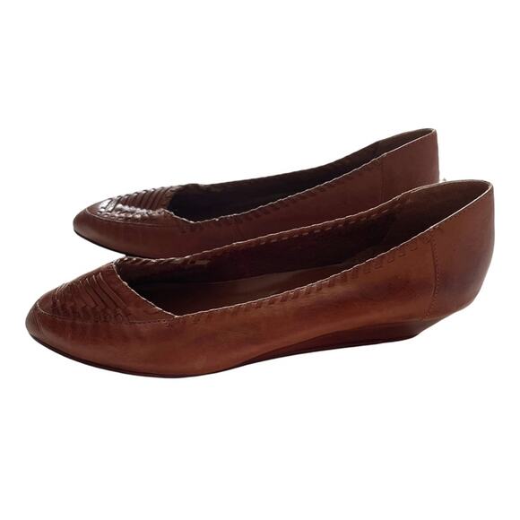 Vintage 70s Boho Leather Wedges Woven Whipstitch Almond Toe Caramel Brown 6.5 - Picture 3 of 13